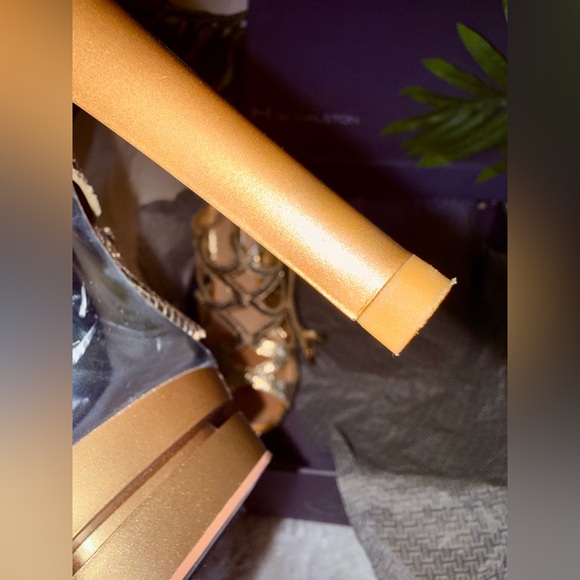 HALSTON 7.5 Gold Snakeskin Print Strappy Cut Out Platform Dancing Heels - Picture 11 of 15